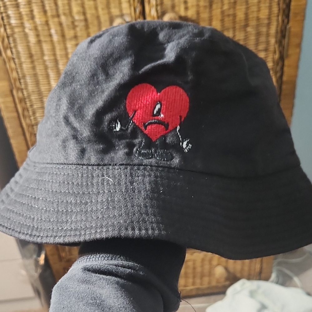 Black Bucket Hat with Red Heart Embroidery